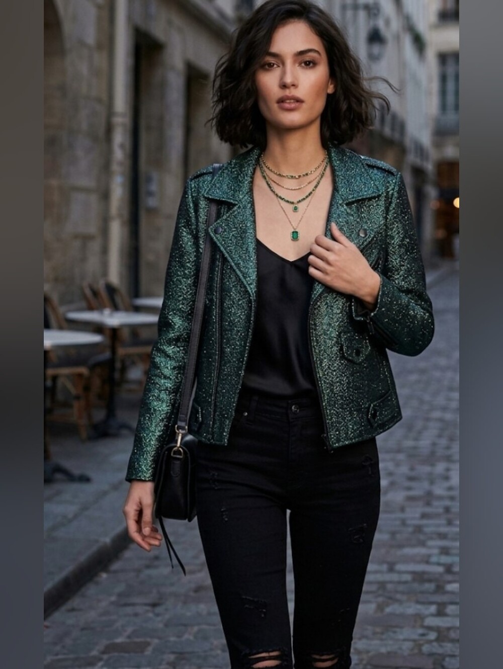 Rebecca Minkoff Metallic Emerald Green Moto Biker Jacket Tweed Size S